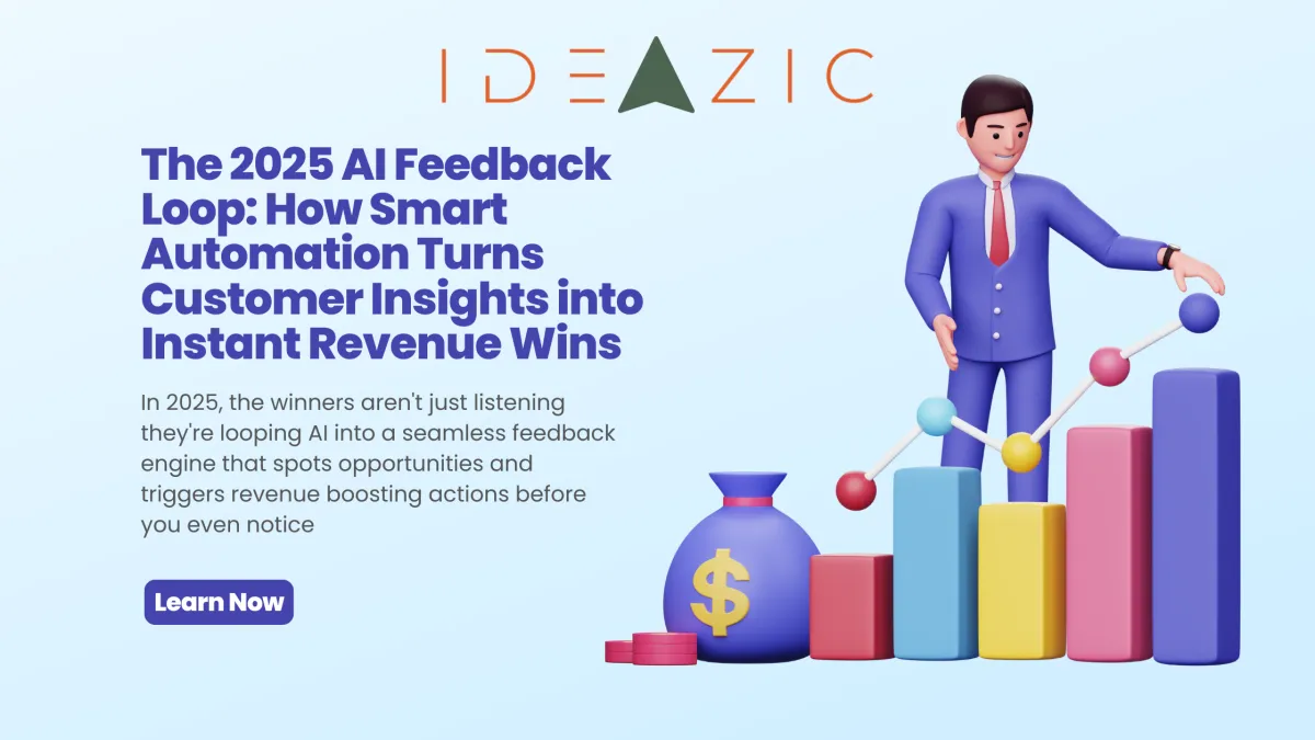 Modern 'Learn' headline with glowing insights Ideazic AI learns from customer sentiment to boost retention automatically