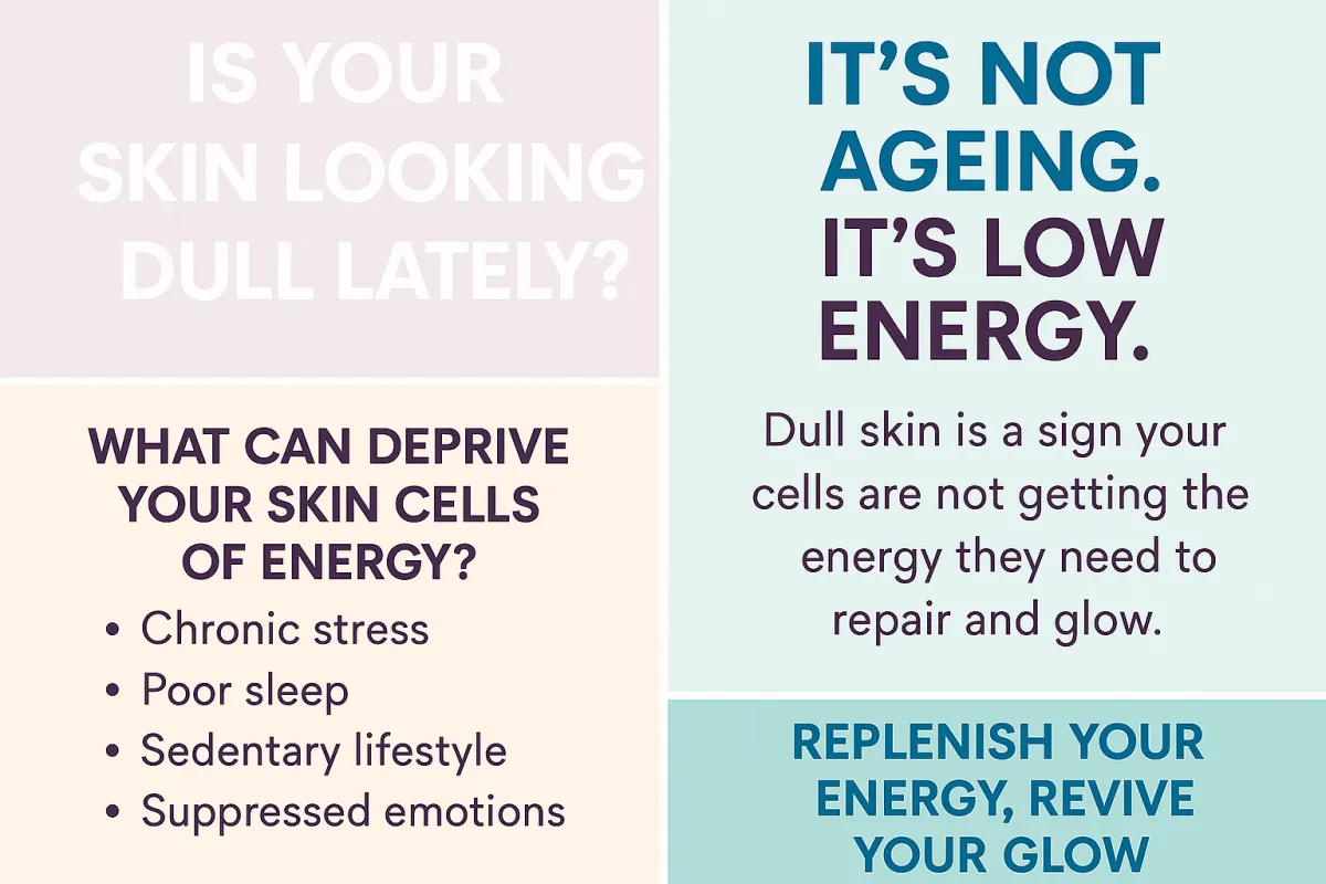 Four-panel infographic explaining how dull skin is caused by low cellular energy, poor circulation, and emotional stress, with natural glow-boosting tips