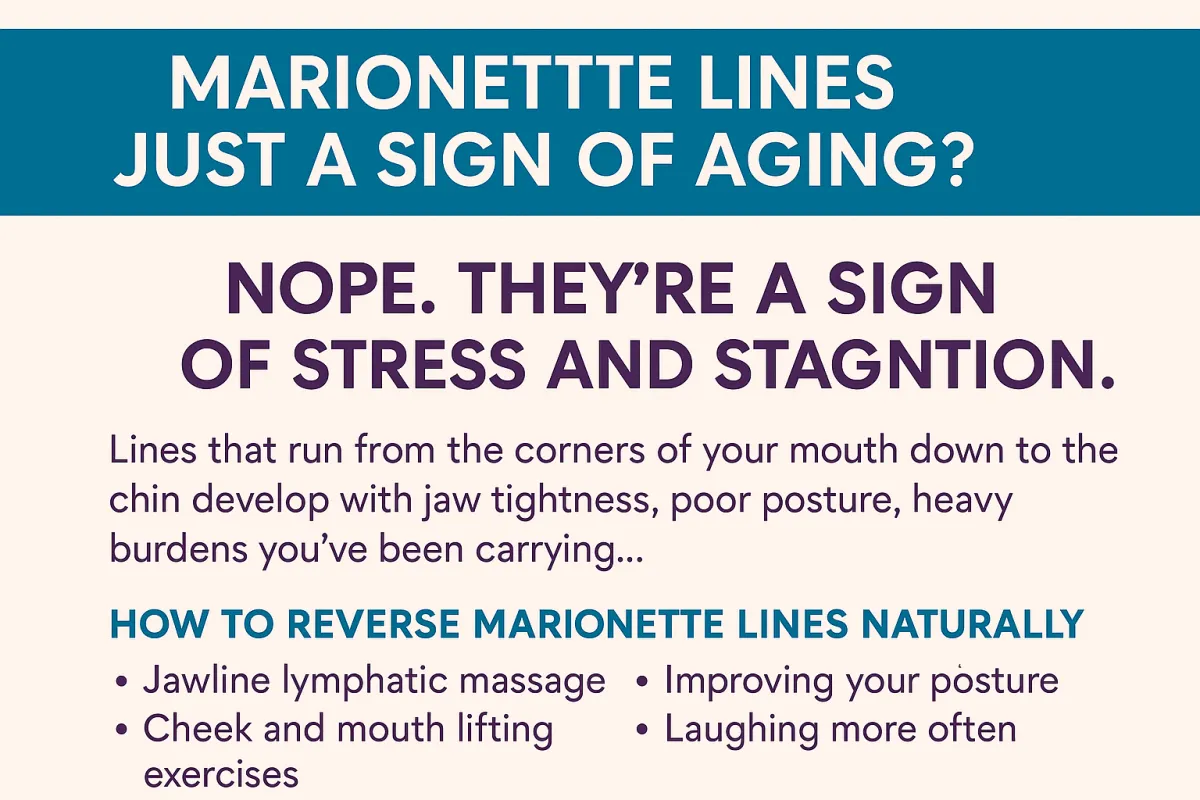 A four-part digital infographic illustrating the root causes and natural solutions for marionette lines and sagging skin. Panels feature wellness-based advice, including jaw tension release, lymphatic massage, posture correction, and emotional care. Designed in soft, muted colors with clear, readable text, this image supports holistic skincare content for women over 40 seeking non-invasive face-lifting solutions.