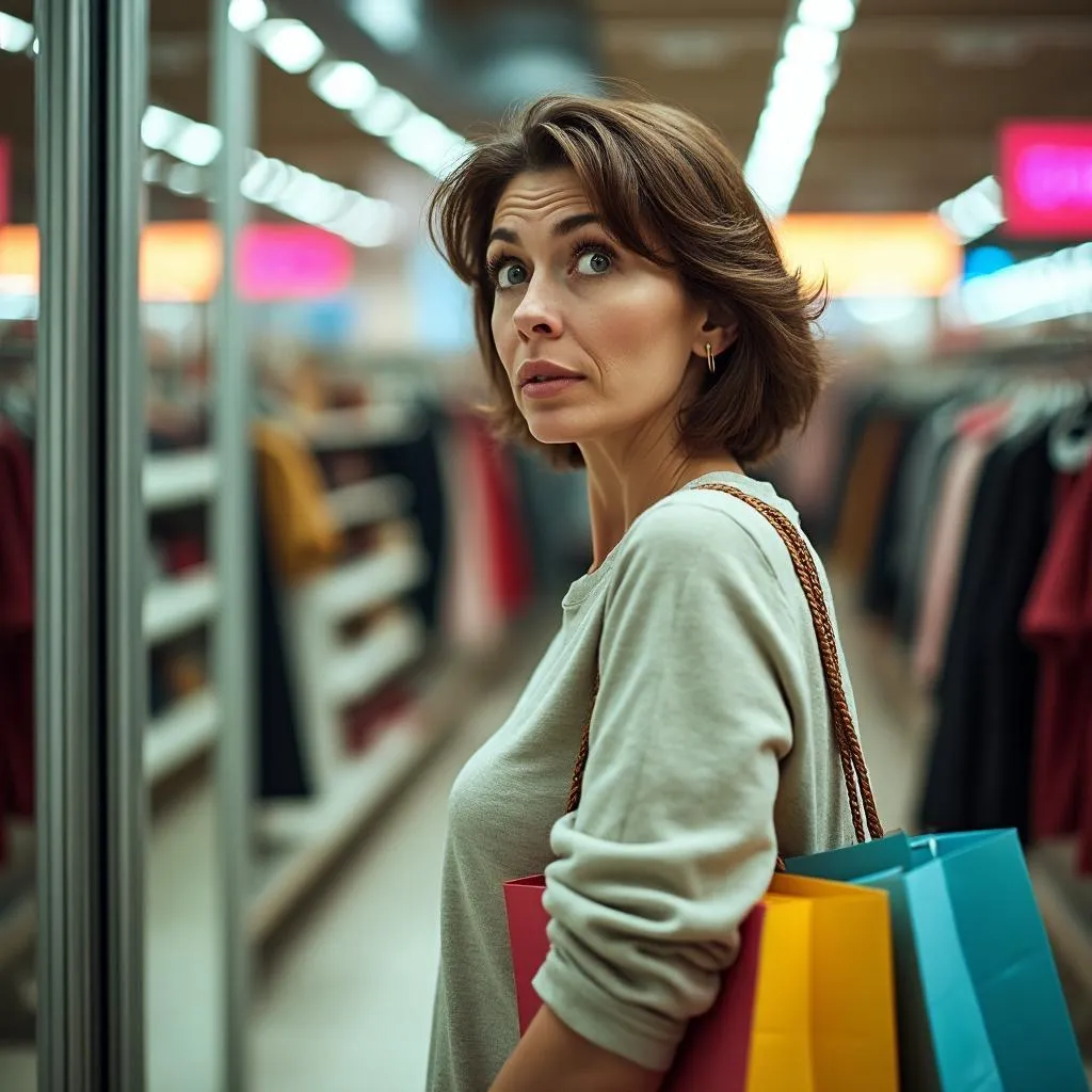 woman notices her reflexion in the store window and is concerned about her skin aging