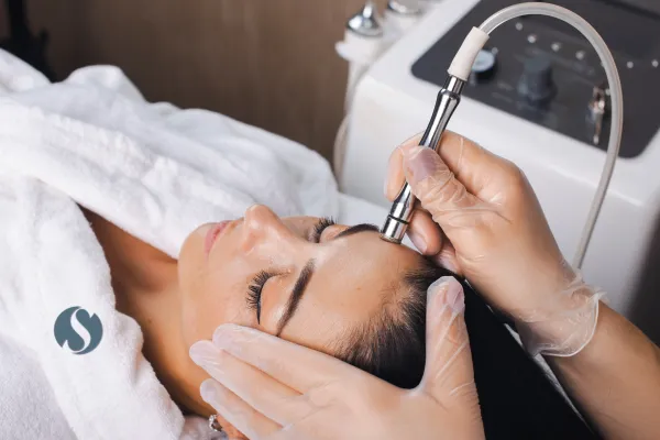Woman getting microdermabrasion treatment (close-up of face)