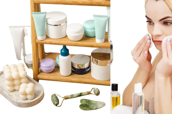 Woman surrounded by disappointing skincare products that didn't work before getting personalized skincare guidance