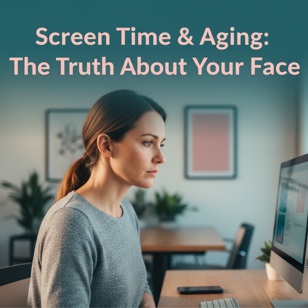 Woman experiencing digital fatigue and dark circles from screen time - Screen Time & Aging: The Truth About Your Face blog post by Yolanda Russo licensed esthetician