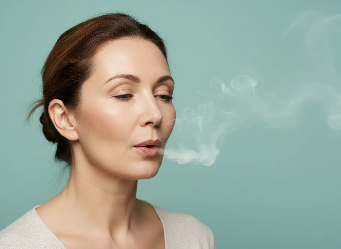Woman practicing stress relief breathing technique with light teal background