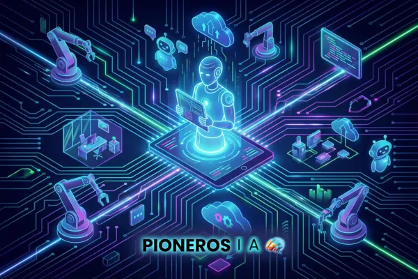 Fondo futurista de inteligencia artificial para negocios, mostrando conexiones digitales y flujos de trabajo automatizados sin código con estética ciberpunk.