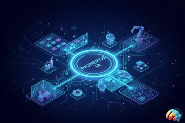 Ilustración abstracta estilo techno que representa la modernización de negocios con inteligencia artificial, mostrando redes neuronales y flujos de datos digitales en un entorno futurista.