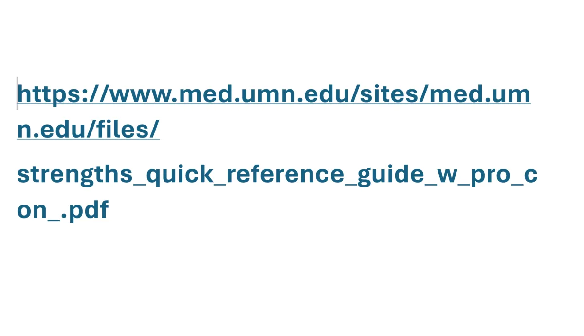 link to U of Monnesota Twin Cities strengths reference guide