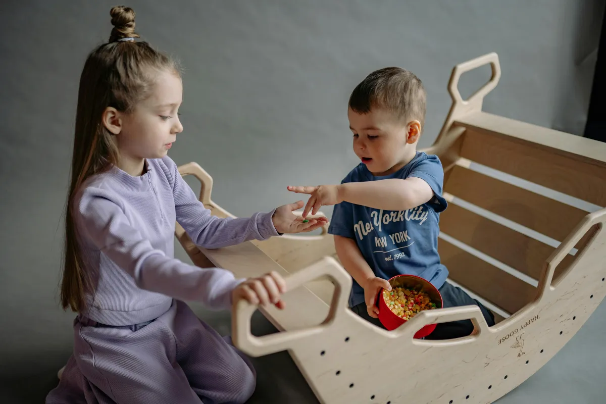 toddler giving toy to sis