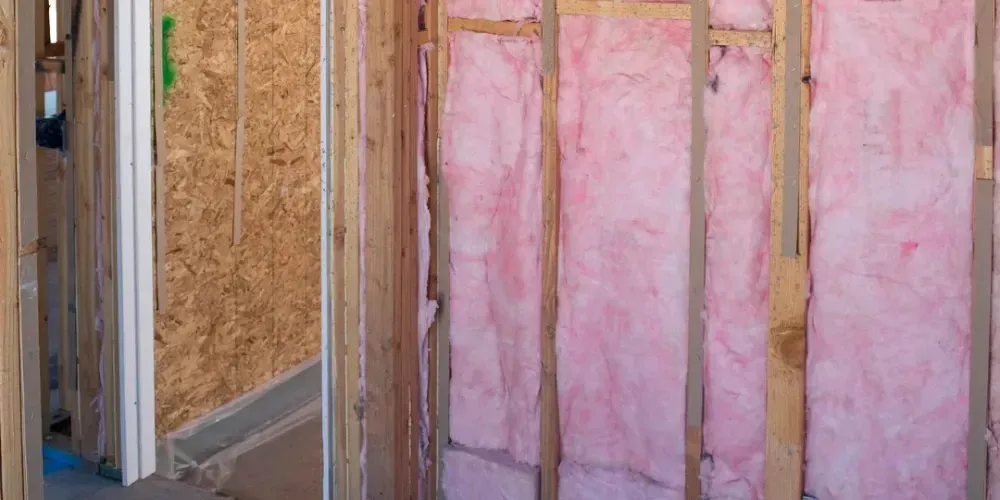 Fiberglass batt insulation installed in wall cavities of a residential construction project to improve thermal performance and reduce energy loss.
