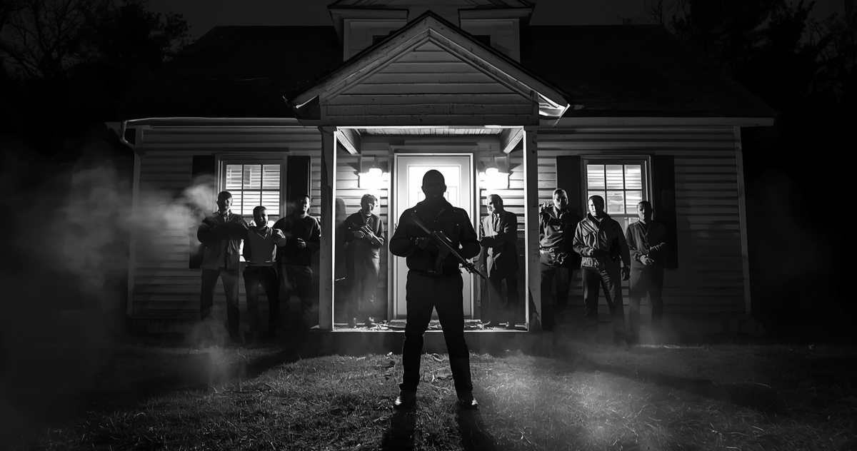 Moody dusk bookstore with a worn shelf of zombie novels; dim lamp, shaky flashlight, a baseball bat, mug on a table, rainy window, warm desaturated grain.