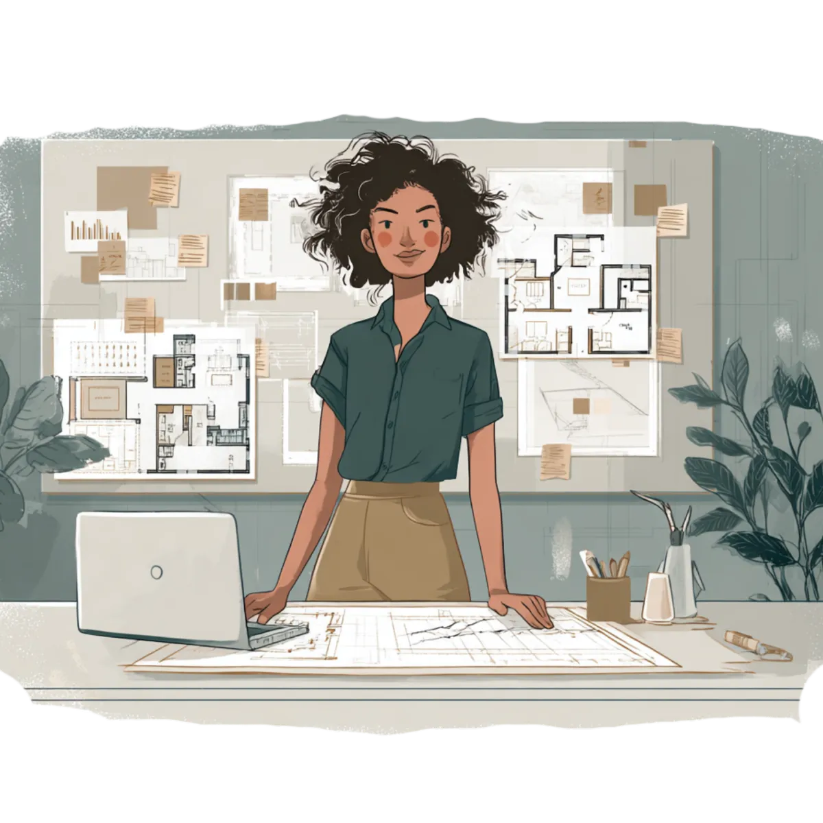 A confident architect (gender-neutral or diverse team) stands at a large architectural desk in a modern, minimalist studio. On the desk: detailed floor plans, a laptop showing a graph trending upward labeled “Revenue per Project,” and a printed guide titled “The Ultimate Guide to Pricing Your Services in Architecture.” A large architectural fee proposal is partially open with bold headings like “Scope of Work” and “Value-Based Pricing.” Behind them, a wall-mounted board features sticky notes and pinned pricing strategies like “Hourly vs Fixed,” “Cost + Value,” and “Target Margin.” Subtle overlay text in professional serif font: “The Ultimate Guide to Pricing Your Services in Architecture.” Style: Clean, aspirational, natural light with high-resolution detail. A slight brass/gold accent on the book title or pen. Background tones in Slate Gray and Forest Green with soft Deep Plum highlights to match your branding.