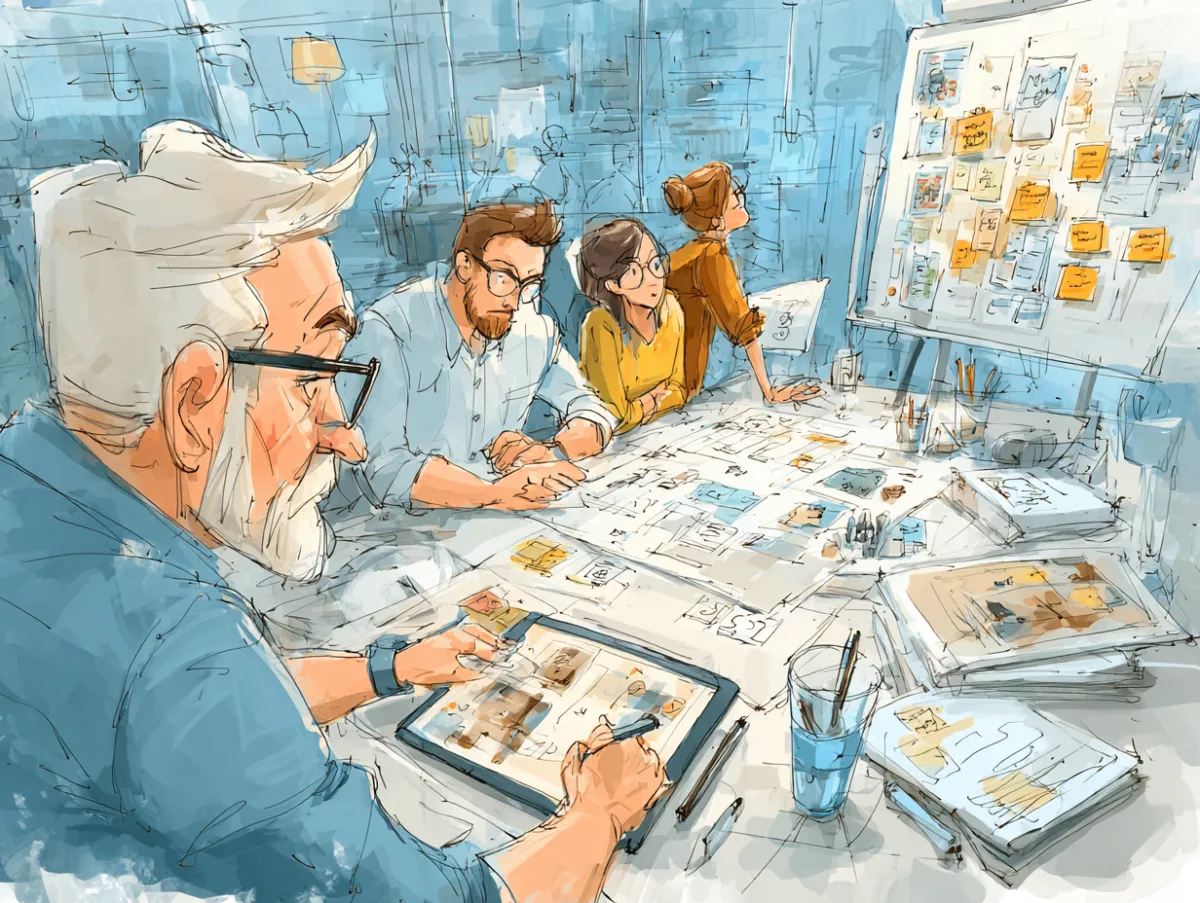 In illustration a landscape-oriented image of a modern architecture studio in action. The focus is on a team of architects working collaboratively at a large table, referencing printed SOP binders and digital tablets displaying step-by-step workflows. In the background, a whiteboard or glass wall features a structured project timeline or checklist. The environment is calm, organised, and productive reflecting reduced stress, clarity, and streamlined operations. One team member is onboarding a new colleague using clear documentation. Subtle visual cues include project blueprints, sticky notes, and process diagrams, symbolising consistency and efficiency. No overlay text, just a natural, professional studio scene.