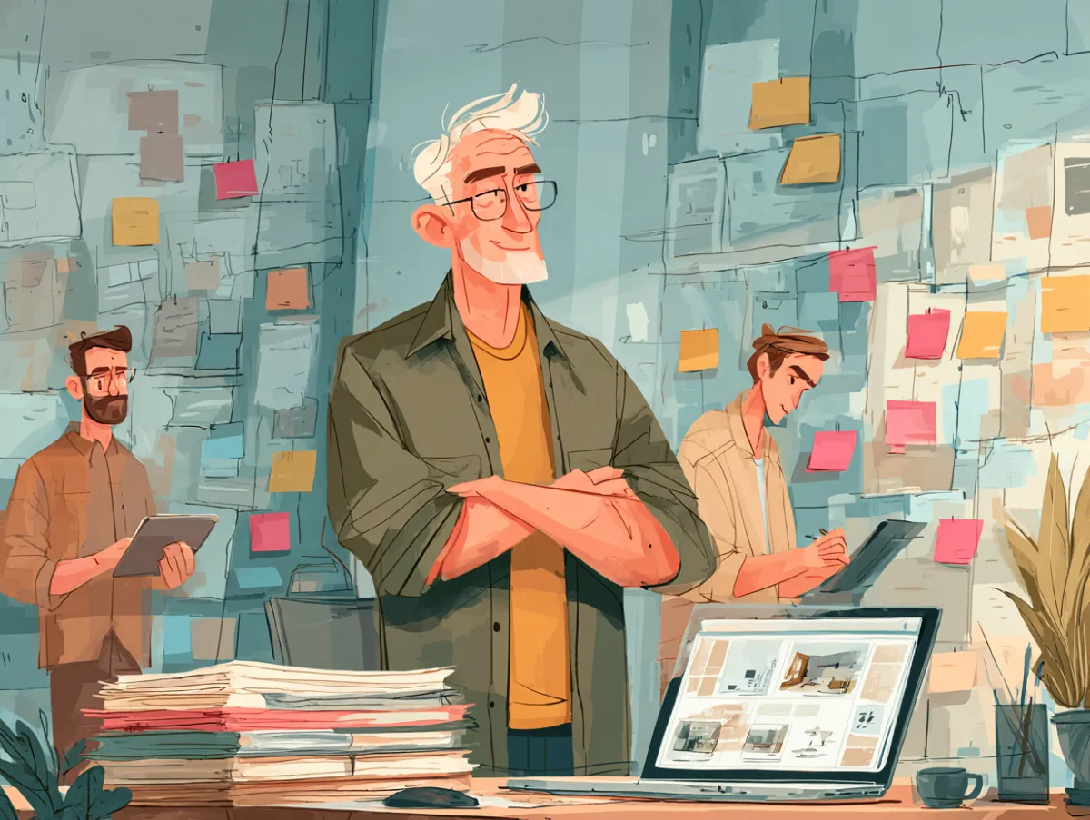 A landscape-oriented illustrated image of a modern architecture studio where a senior architect is confidently delegating work to a younger team member. The senior architect is standing beside a large desk with neatly organised project folders, blueprints, and a laptop showing a project dashboard. The younger architect is taking notes on a tablet while reviewing architectural drawings. In the background, other team members work collaboratively, with a glass wall covered in sticky notes, task lists, and timelines. The atmosphere feels calm, professional, and organised symbolising trust, clarity, and efficient delegation without micromanagement. No overlay text.