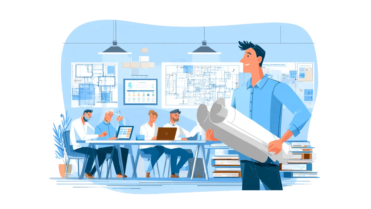A illustrated landscape-oriented image of a modern architecture studio where the principal architect is stepping back from their desk, handing a set of neatly rolled blueprints to a confident team member. The desk is covered with organised project folders, architectural plans, and a laptop displaying a project management dashboard. In the background, multiple team members work collaboratively at large tables, referencing drawings and digital tablets, with a whiteboard showing project stages and timelines. The mood is calm, professional, and collaborative, symbolising delegation, leadership, and freedom from overload. No overlay text.