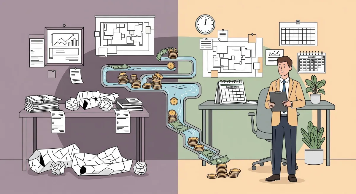 A conceptual illustration showing an architect’s studio as a balance between chaos and order. On one side, papers, invoices, and crumpled drawings scatter across a cluttered desk, symbolising late payments, irregular cash inflows, and stress. On the other side, a neatly organised workspace with clean plans, a calendar pinned with steady monthly invoices, and a small plant symbolises stability and predictability. Flowing between the two sides is a stylised stream of coins and banknotes moving like water through pipes or channels, representing "cash flow." The architect (depicted in a calm, professional manner, not caricatured) stands confidently with a clipboard, observing the flow as though it is under control. Use a modern, minimal, editorial illustration style--clean lines, muted architectural colours (plum, sage green, warm beige, charcoal grey), with subtle geometric elements suggesting structure and systems. The mood should balance realism with metaphor: financial clarity bringing calm and confidence to an otherwise stressful environment.