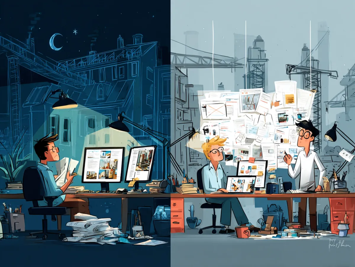 Landscape illustration, modern architectural studio interior split into two halves: on the left, a single overworked architect at a cluttered desk late at night, piles of drawings and coffee cups, glowing computer screens, overwhelmed and isolated. On the right, a bright, organised studio with a collaborative team of younger architects confidently leading client discussions, clear systems and digital workflows projected on a screen, sense of balance and continuity. Subtle blueprint overlays in the background, elements of timeless architecture (arches, columns, sustainable buildings). Colour palette in professional tones with accents of Deep Navy Blue #1A365D, Teal #2A9D8F, Coral #E76F51, Light Grey #F2F2F2, Dark Grey #333333. Emotional tone: contrast between burnout and thriving legacy, transformation, future-focused. No overlay text.
