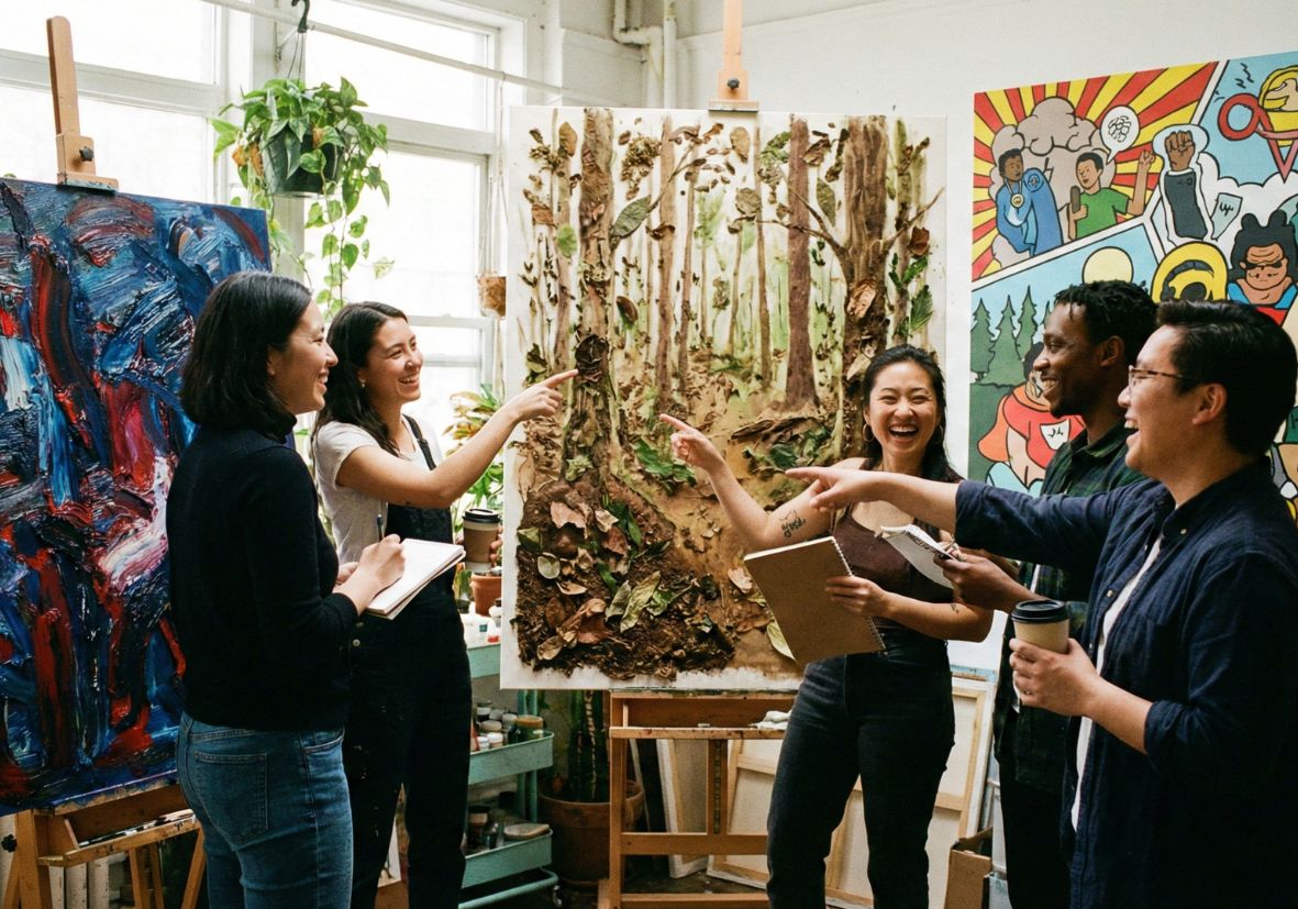 Vier Personen (drei Frauen asiatischer Abstammung, ein Mann schwarzer Abstammung) stehen lachend in einem hellen Kunstatelier und zeigen auf eine große Assemblage aus Blättern und Rinde, die Bäume darstellt. Links steht ein abstraktes blau-rotes Gemälde, rechts ein Wandbild im Comic-Stil. Sie halten Notizbücher und Kaffeebecher.