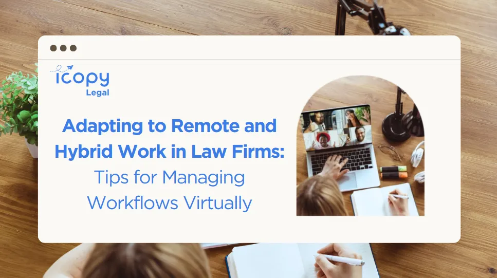 Attorney working remotely at a desk with a laptop and documents, showcasing virtual workflows and secure data management.