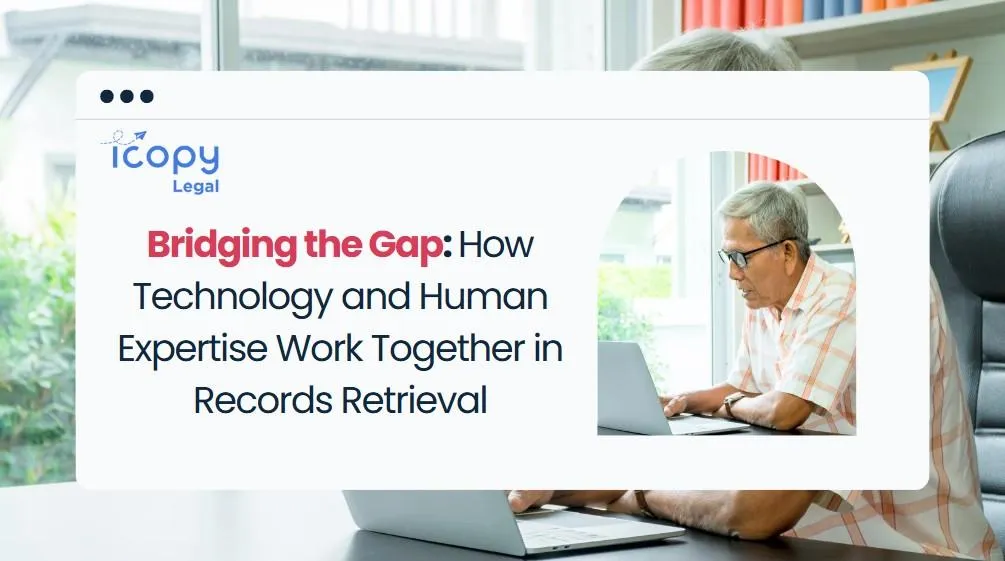 A professional using technology to manage records retrieval. Digital dashboards display request statuses while a legal assistant verifies compliance details, showcasing the balance between automation and human oversight.