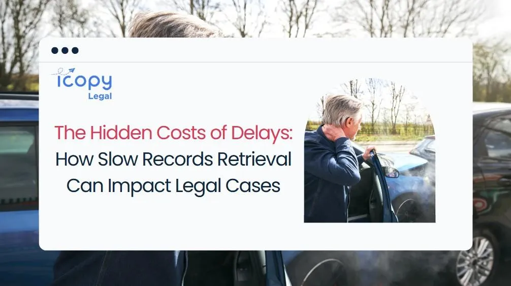 An older man stands outside, watching a car crash scene, his hand resting on his neck, indicating an injury. His expression reflects pain and uncertainty, emphasizing the real-life impact of delays in medical records retrieval on personal injury lawsuits.