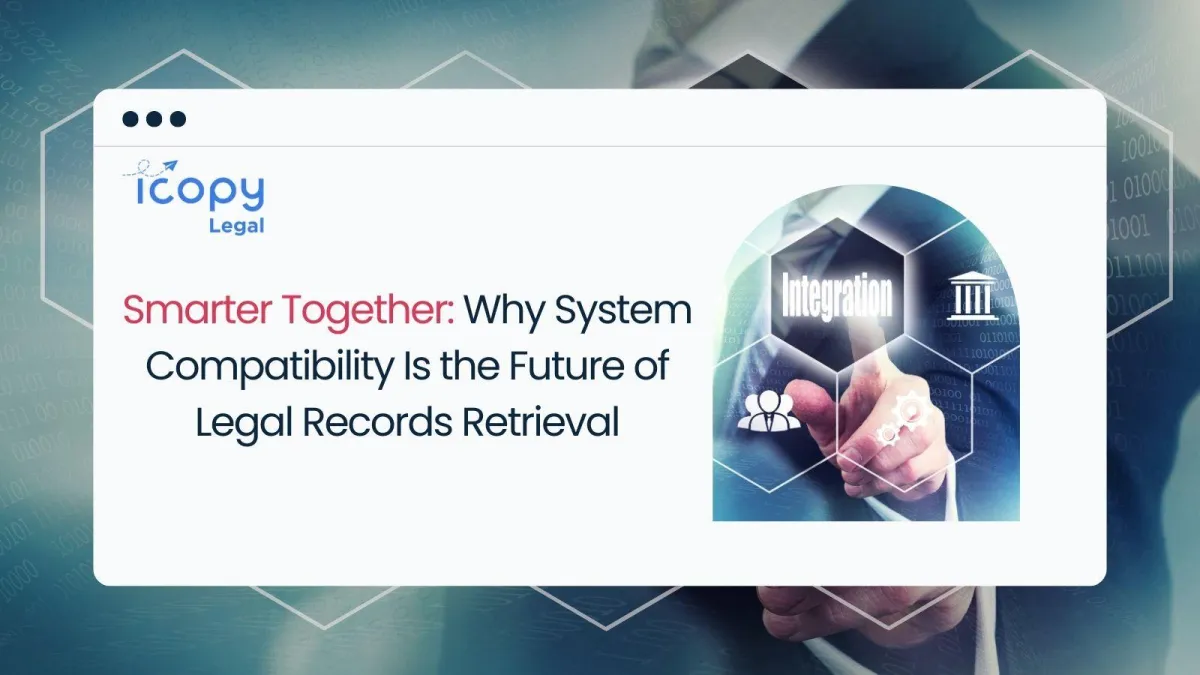A close-up of a hand interacting with a digital interface displaying icons for integrations and connected platforms. The image represents seamless records retrieval system compatibility, showcasing tools like NetDocs, Ambra, and custom legal tech solutions.