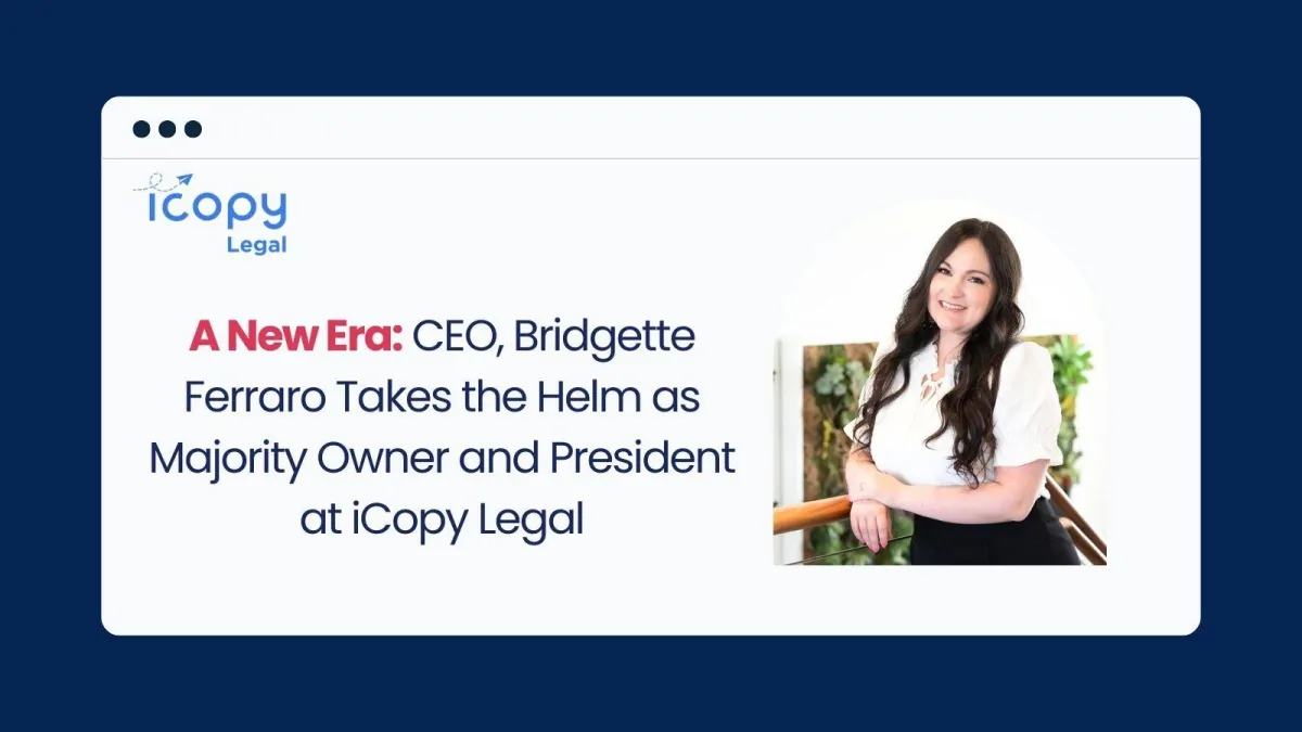 Bridgette Ferraro, newly announced Majority Owner and President of iCopy Legal, standing confidently in a modern office setting, representing leadership and a new chapter for the company.