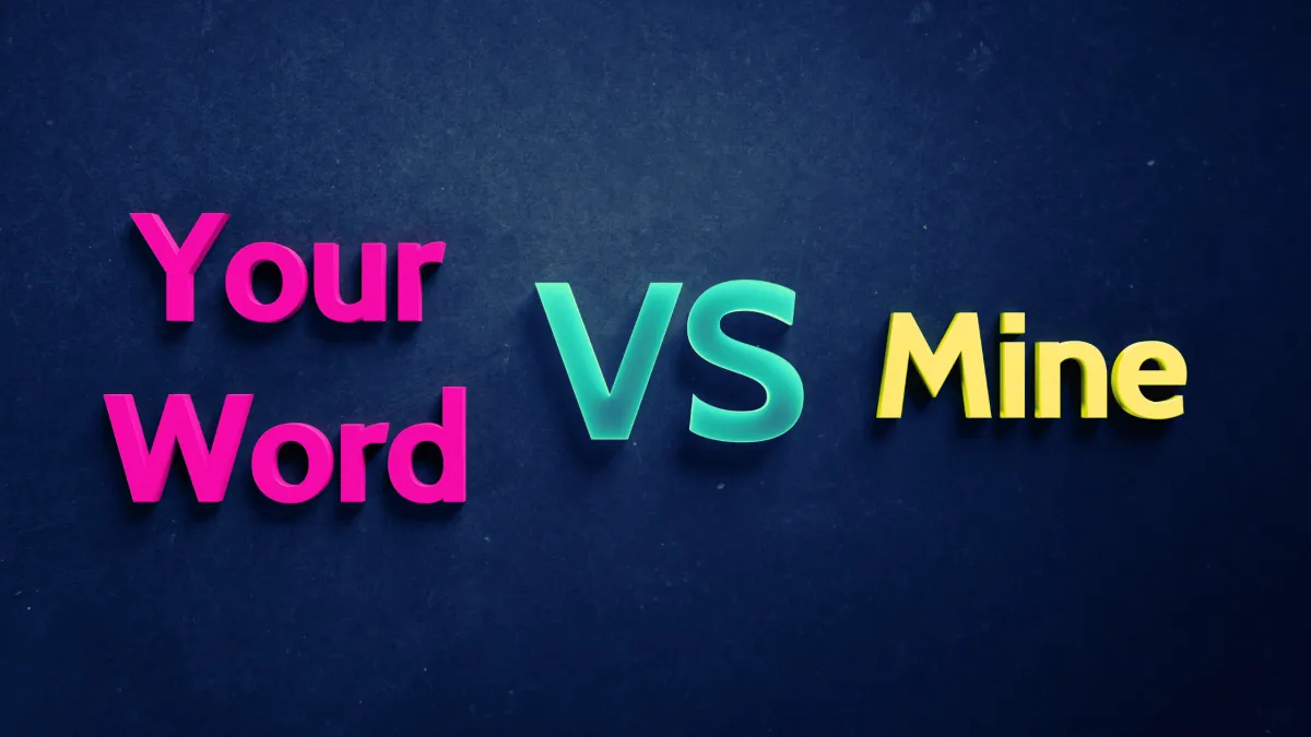 Dark blue background with Your word in hot pink, VS in blue and Mine in Yellow.