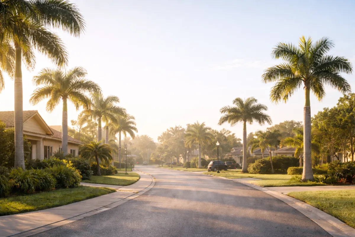 A quiet Southwest Florida street at sunrise, symbolizing a fresh start and clear path forward.