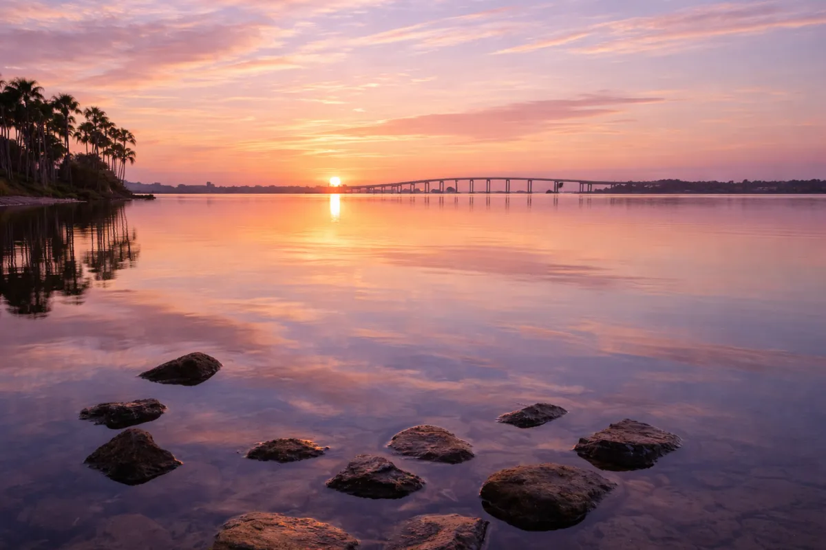 A calm Caloosahatchee River view at sunrise, representing a peaceful transition