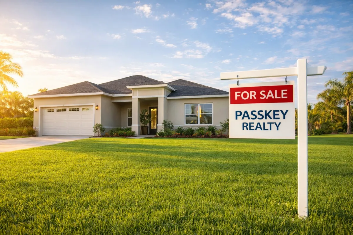  A happy family in front of a modern Lehigh Acres home with a spacious yard.