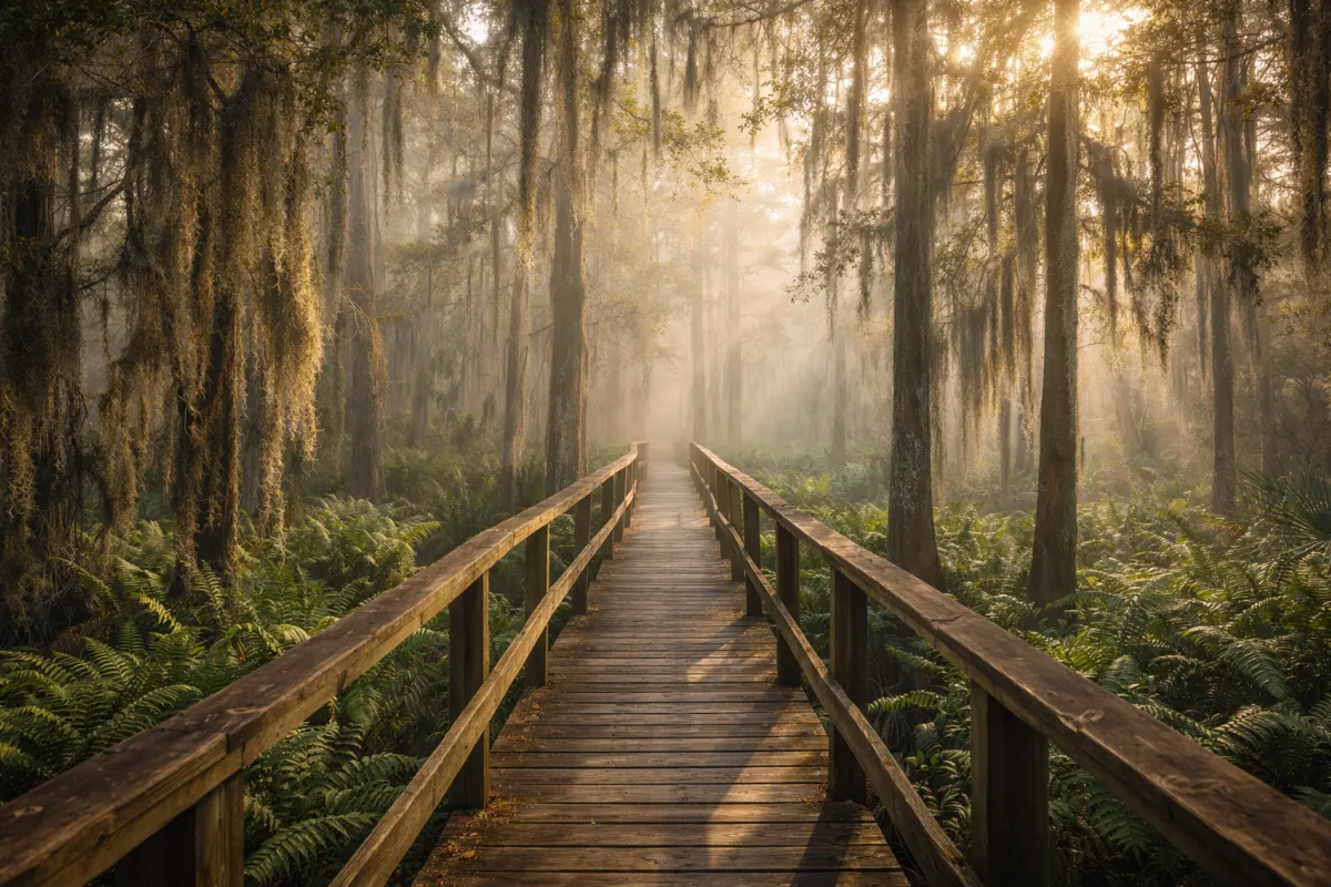 A lush, green boardwalk path winding through the towering cypress trees and swamp ferns of the Six Mile Cypress Slough in Fort Myers.