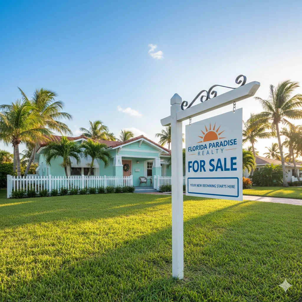 A close-up of a professional real estate "For Sale" sign in a sunny Lee County yard with a hopeful, bright Florida ranch-style home in the background.