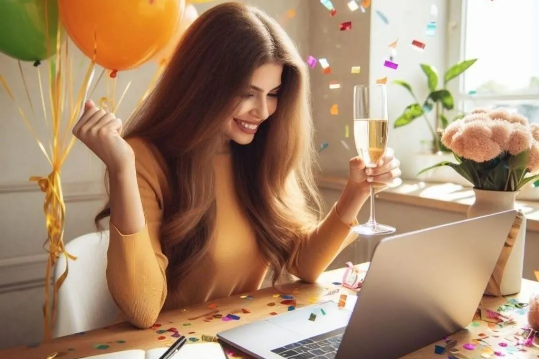 Simplify Your Tech woman celebrating at laptop