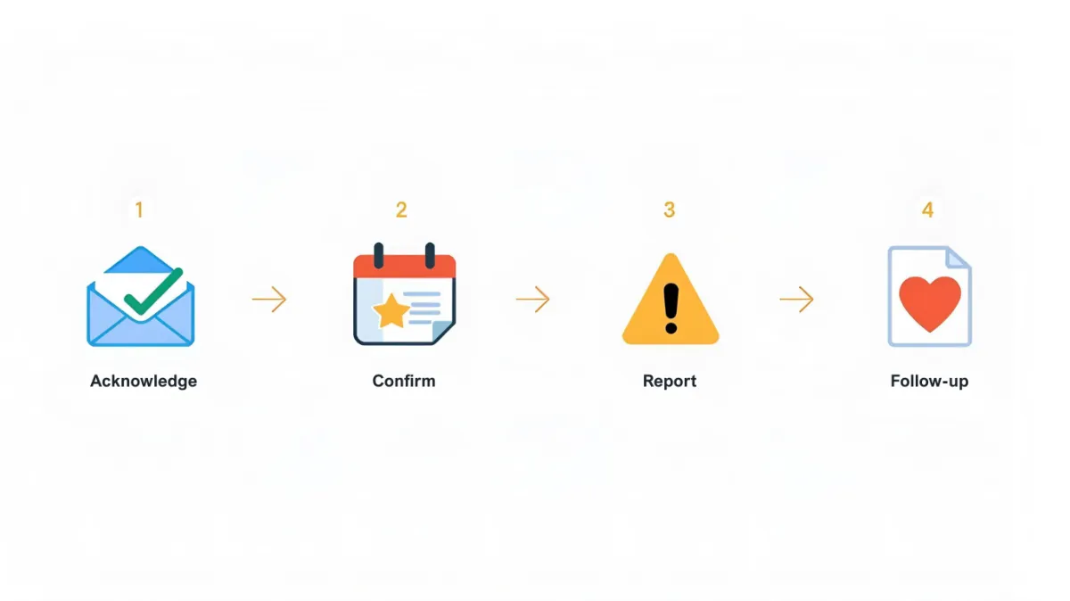 lat design illustration of a four-step timeline with colorful icons: envelope with checkmark for acknowledge, calendar with star for confirm, warning symbol with chat bubble for report, and paper document with heart for follow-up. Clean, modern, corporate style.