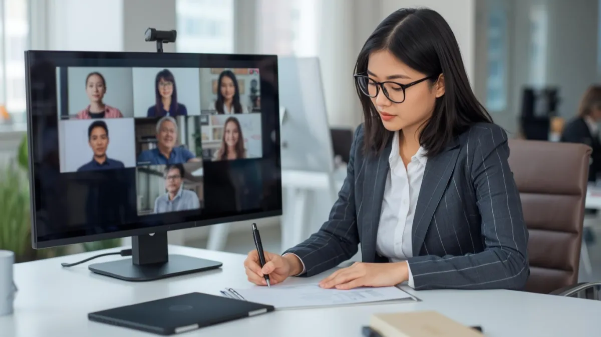 Professional notary signing service workflow scene, business owner at a desk assigning files on a laptop, multiple notaries visible on screen in video call thumbnails, modern office setting, clean professional lighting, realistic business photography style