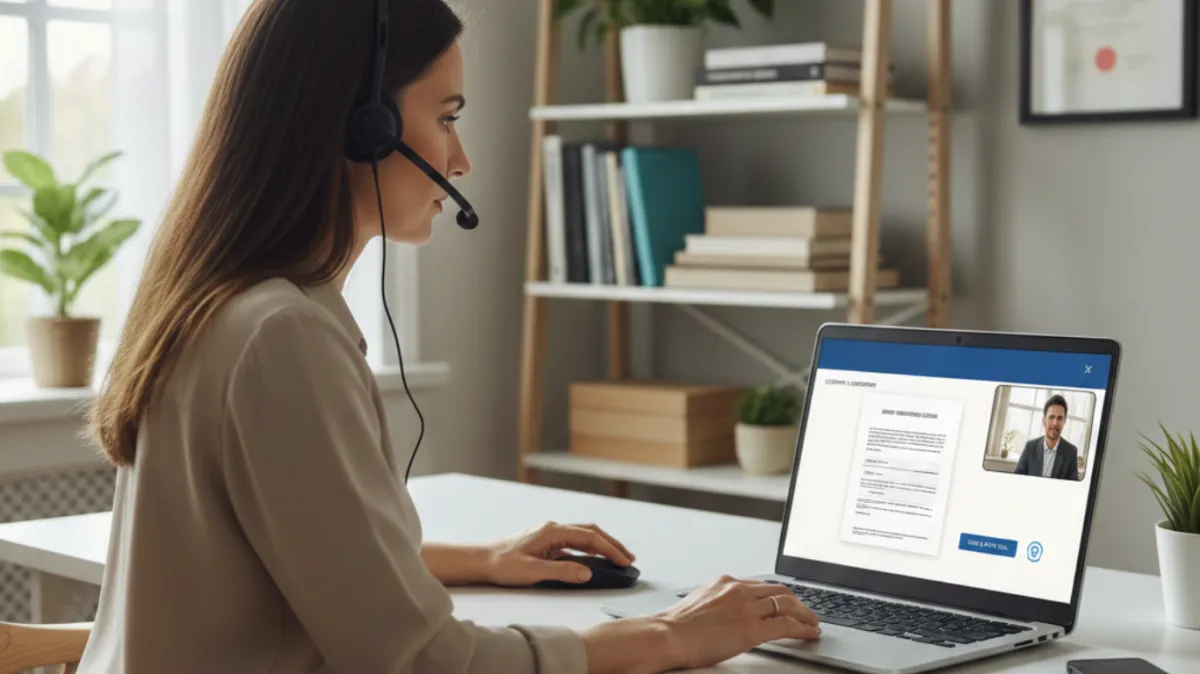 Professional remote online notary conducting a virtual notarization session on a laptop, with a document signing interface visible on screen in a clean home office setting.