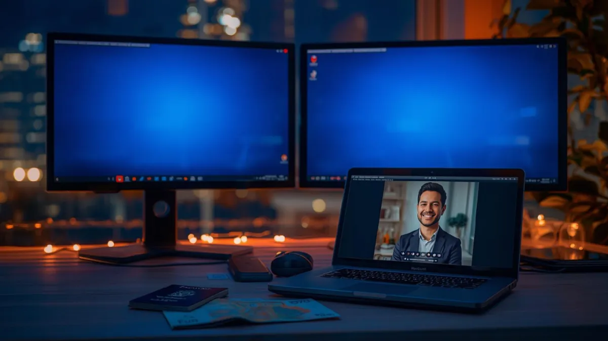 Professional home office at night with dual monitors and a laptop showing a video call, a passport and foreign currency on the desk, and city lights visible through a window, representing remote online notarization for international clients.