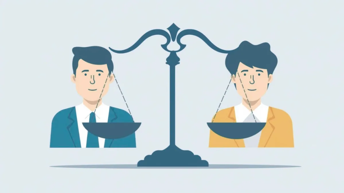 Flat illustration of diverse notaries at different career stages, including a beginner and an experienced professional, with a balanced scale icon representing fairness in a clean, modern design.