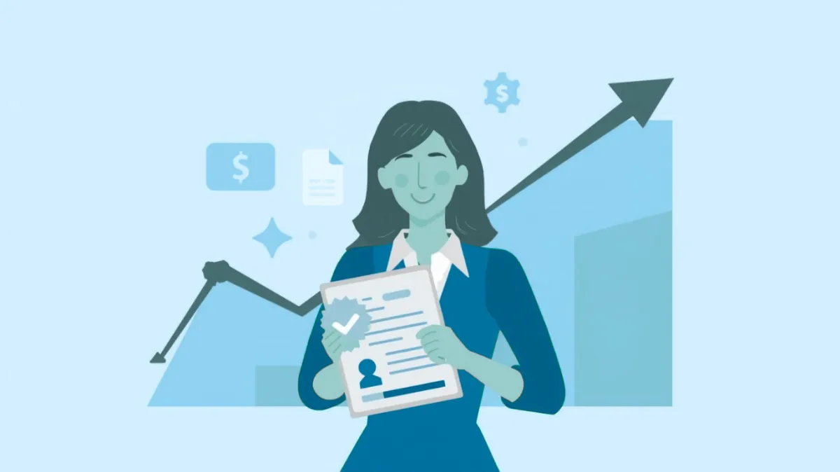 Flat vector illustration of a confident woman holding a tablet with a checkmark and notary seal, standing in front of an upward trending graph and money icons in a modern corporate style.