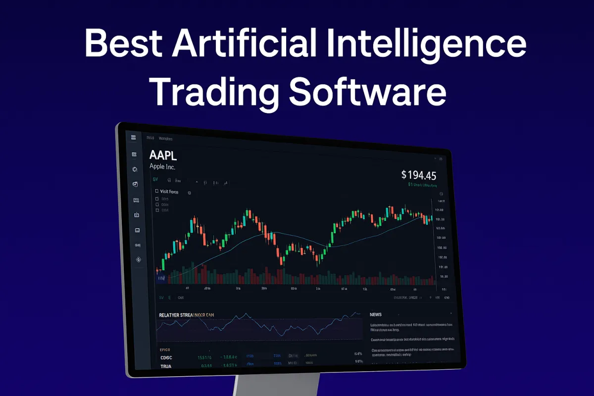A computer monitor displays a candlestick chart for Apple Inc. (AAPL) stock, priced at $194.45, with various technical indicators and trading metrics visible. The screen is set against a dark blue background with bold white text above it reading “Best Artificial Intelligence Trading Software.”