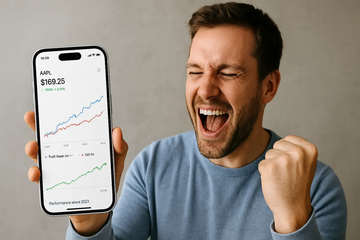 A cheerful man in a blue sweater celebrates while holding a smartphone displaying stock performance charts. The screen shows Apple's stock price at $169.25, with graphs comparing TruthSayer AI's performance versus the S&P 500 since 2023.