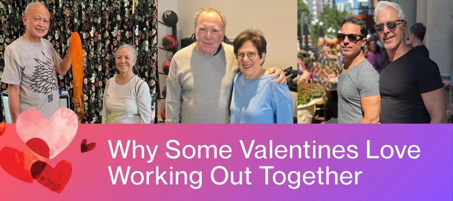 image of three different couples who work out together title text: Why Some Valentines Love Working Out Together