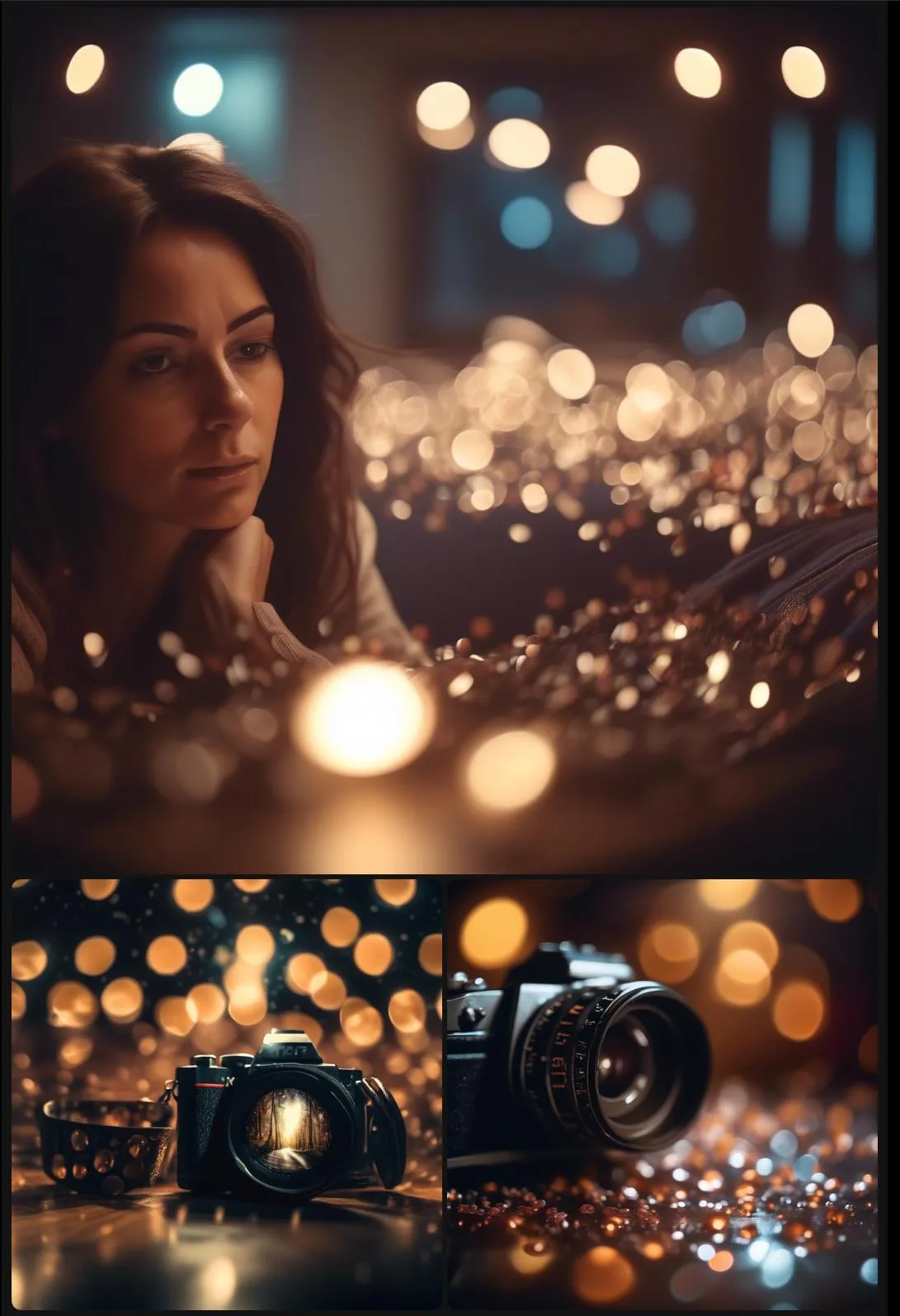 A thoughtful woman surrounded by dreamy lights and soft focus, symbolizing reflection and clarity. Cameras at the bottom of the image suggest perspective and personal framing of life experiences.
