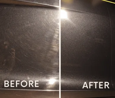 ehicle hood showing mirror-like finish after paint correction.