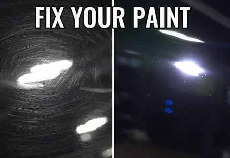 Car door with oxidation before correction and glossy finish after.