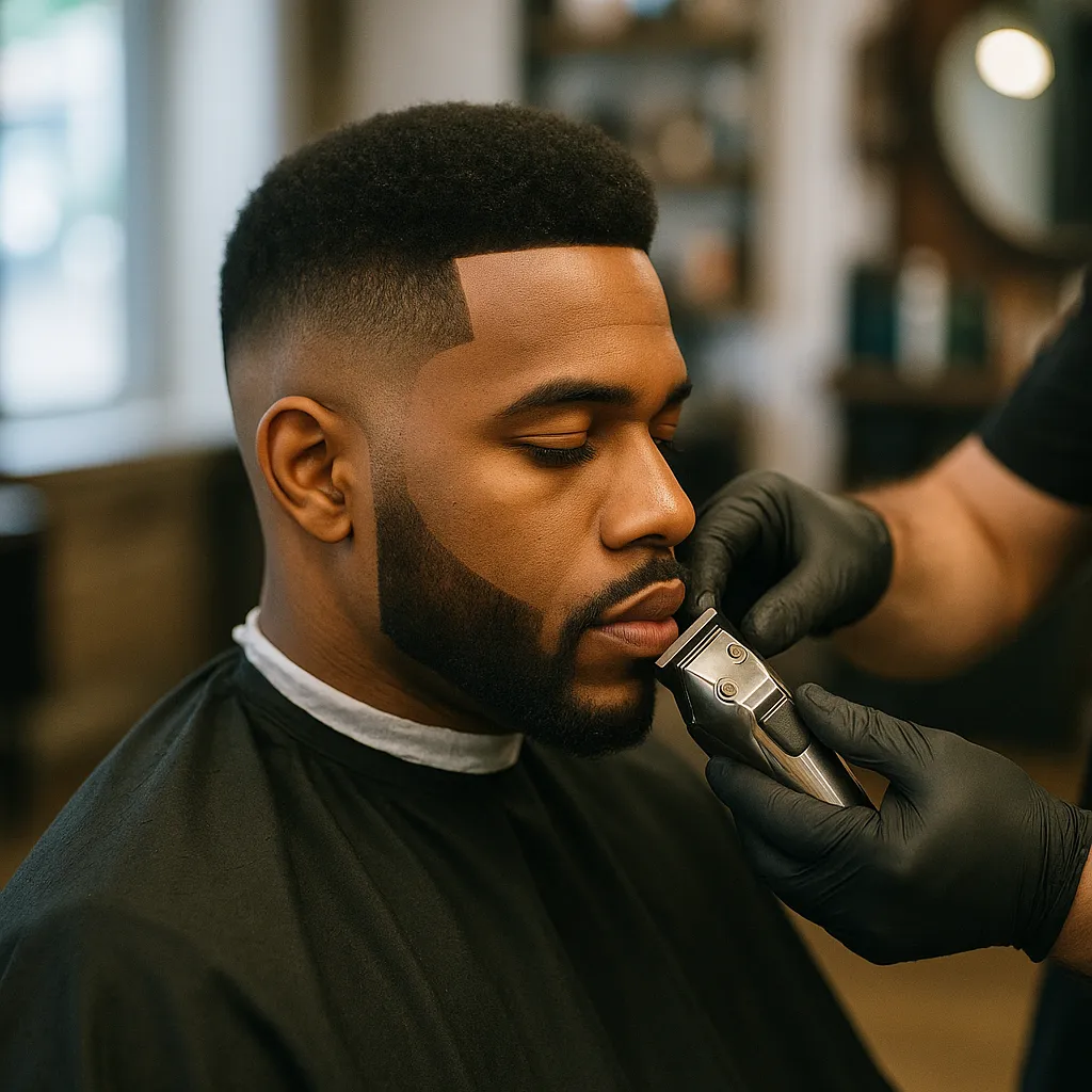A barber wearing black gloves expertly trims a customer's beard using electric clippers. The client, dressed in a black barber cape, sits comfortably in a professional barbershop setting with blurred shelves and mirrors in the background. This image highlights grooming, personal care, and precision in barbering techniques, ideal for showcasing high-quality barbershop services.