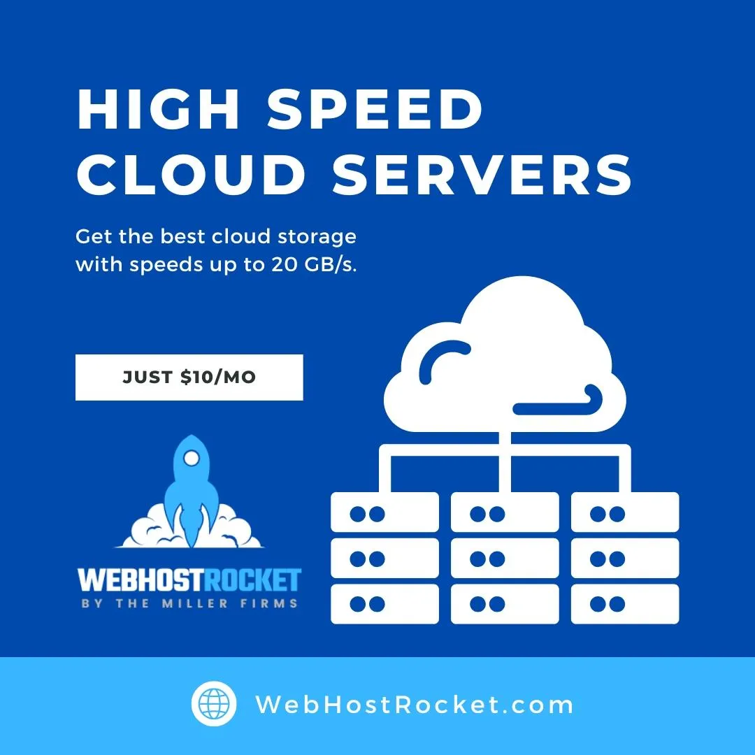 WebHost Rocket Cloud-Based Servers on a Blue background with the WebHost Rocket Logo pointing to a sign that reads "Just $10 monthly.