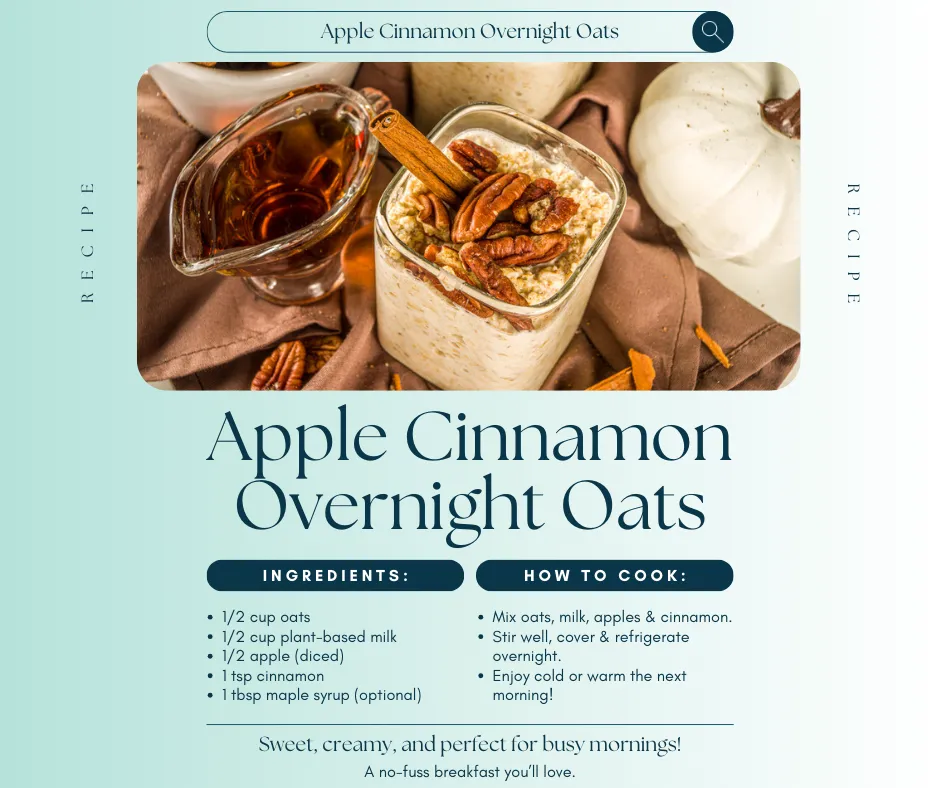 A delicious dish of apple cinnamon overnight oats topped with pecans and a cinnamon stick, surrounded by maple syrup and decorative pumpkins.