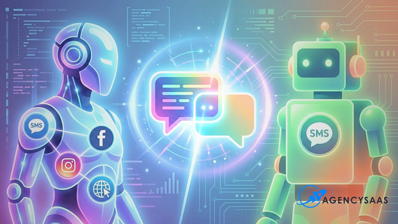 AgencySaaS illustration of two colorful chatbots facing each other, one covered in Facebook, Instagram, web, and SMS icons and the other with an SMS badge, exchanging glowing message bubbles to represent multichannel automated messaging.