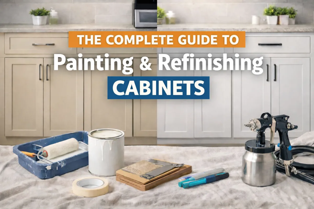 Complete guide to painting and refinishing cabinets, showing professionally painted kitchen, bathroom, and closet cabinets with a smooth, modern finish.